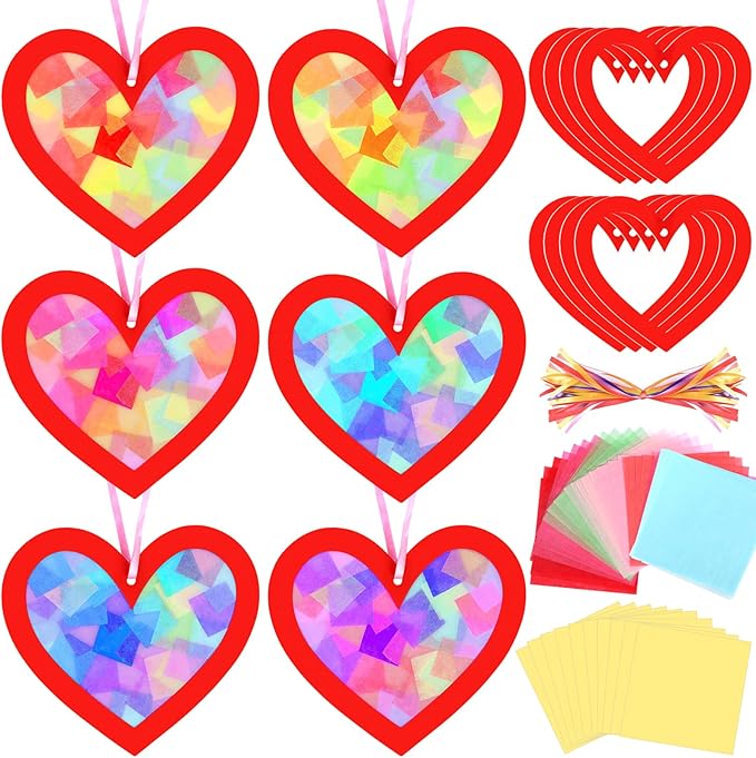 Qyeahkj 36 Set Valentine's Day Suncatchers Craft for Kids DIY Heart Window Tissue Paper Crafts Kit Red Heart Hanging Decor for Valentine School School Home Activity Art Project Party Favor Gift
