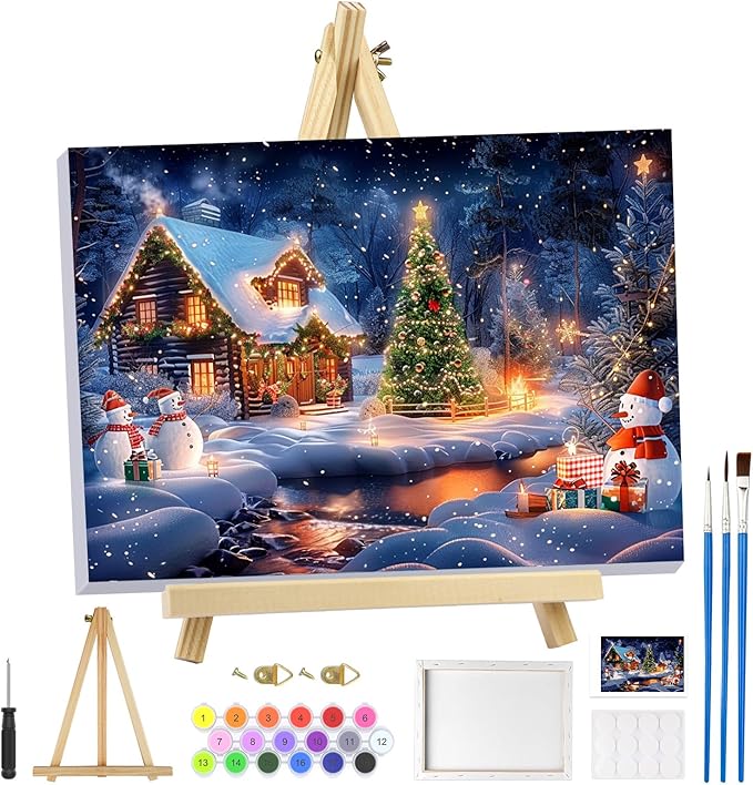 MOGTAA Christmas Paint by Numbers Kit for Adults Beginners with Frame, Winter Adult Paint by Number Kits on Canvas with Easel, Easy DIY Snowman Oil Painting Kits for Home Decor, 8x12in