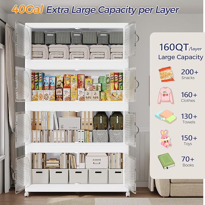 200GAL Plastic Storage Bins with Lid, 800QT Extra Large Stackable Closet Organizers and Storage, Collapsible Storage Boxes with Wheels, Folding Cabinet for Home Kitchen Office, 5Pack White