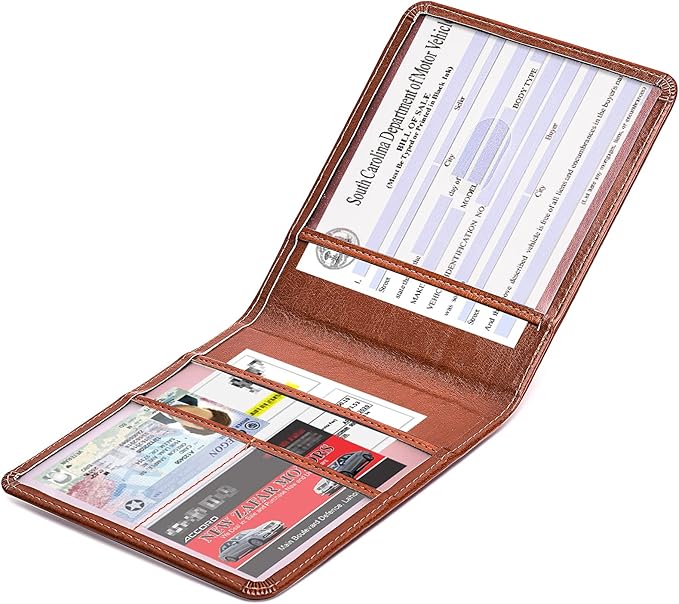HerriaT Car Registration and Insurance Card Holder - Leather Vehicle Glove Box Automobile Documents Paperwork Wallet Case Organizer for ID, Driver's License, Key Contact Information Cards - Men&Women