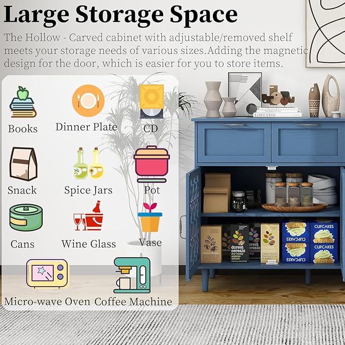 vistavie Blue Buffet Sideboard Cabinet with 2 Doors 2 Drawers - Accent Cabinet with Adjustable Shelves，31.5 Inch Wide Wood Storage Cabinets for Dining Room,Study Room and Kitchen