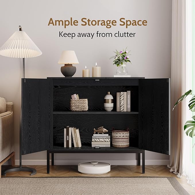 Yechen Set of 2 Full Black Rattan Cabinet, Farmhouse Sideboard Cabinet with Natural Rattan Decorated Doors, Accent Cane Credenza Buffet Console Storage, for Living Room Entryway Kitchen, Metal Legs