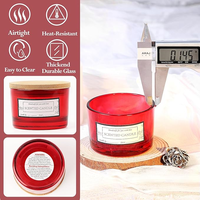CONNOO 15 Pack 4 OZ Red Glass Candle Jars with Airtight Bamboo Lids for Making Candles, Bulk Small Wide Mouth Empty Candle Containers with Sticky Warning Labels - Dishwasher Safe