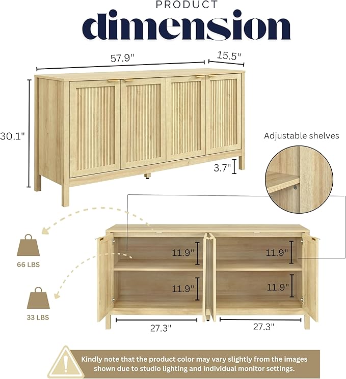 ELISA HOME Lagoon Large Buffet Sideboard Cabinet with Storages, 57.9" Modern Buffet Table Dining Room Cabinet Coffee Bar Storage with 4 Doors for Dining Room, Living Room, Hallway, Oak
