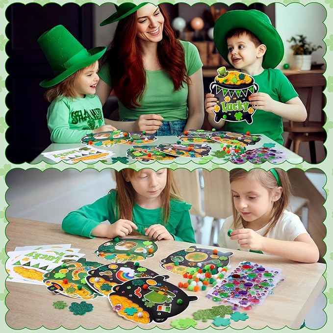 Funrous 48 Sets St. Patrick's Day Crafts Kit Pot of Gold Paper Crafts Bulk DIY Irish Green Shamrock Lucky Clover Coin Jar Leprechaun Hat Hanging Ornaments for Classroom Activities Arts Party Favors