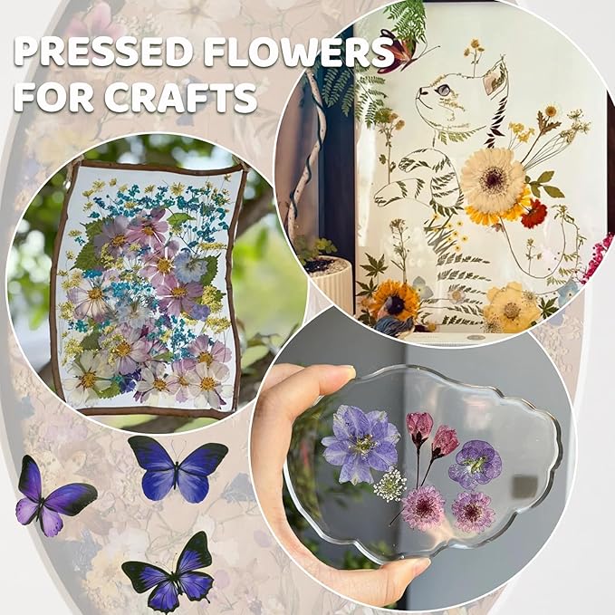 142Pcs Dried Flowers, Dried Pressed Flowers for Crafts, Natural Dried Pressed Flowers for Resin with DlY Butterfly Stickers&Tweezers for Photo Frames, Scrapbooks, Candles, Jewelry Making, Resin Molds