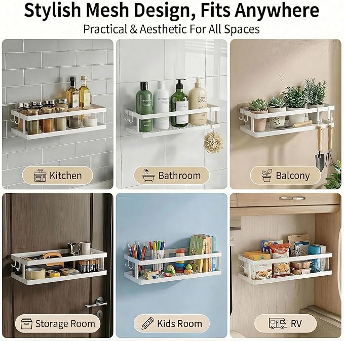 PUSDON Hanging Storage Baskets Organizer Wall Mount, Metal Wire Storage Bin Rack for Kitchen Bathroom Shower Spice Shelf Home Decor Essentials White-2 Packs (Guardrail)