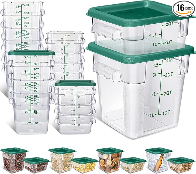 Yungyan 16 Pcs Restaurant Food Storage Containers with Lids Set 2Qt and 4Qt Commercial Restaurant Square Storage Containers Clear Food Cereal Container for Kitchen Freezer (Green Lids)