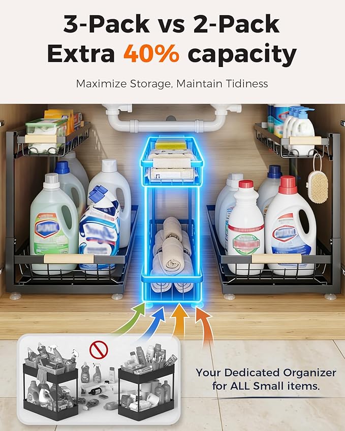 3 Pack Under Sink Organizer, Height Adjustable 2 Tier Pull-Out Metal Under Kitchen Sink Organizer, Multi-Purpose Storage Shelves for Kitchen Bathroom Cabinet (Black)