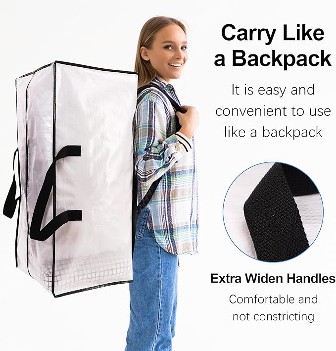 VELVETSURE 12 Pack Heavy Duty Large Moving Bags W/Backpack Straps - Strong Handles & Zippers, Storage Totes For Space Saving, Fold Flat, Alternative to Moving Box and Storage Bin, Semi-Transparent