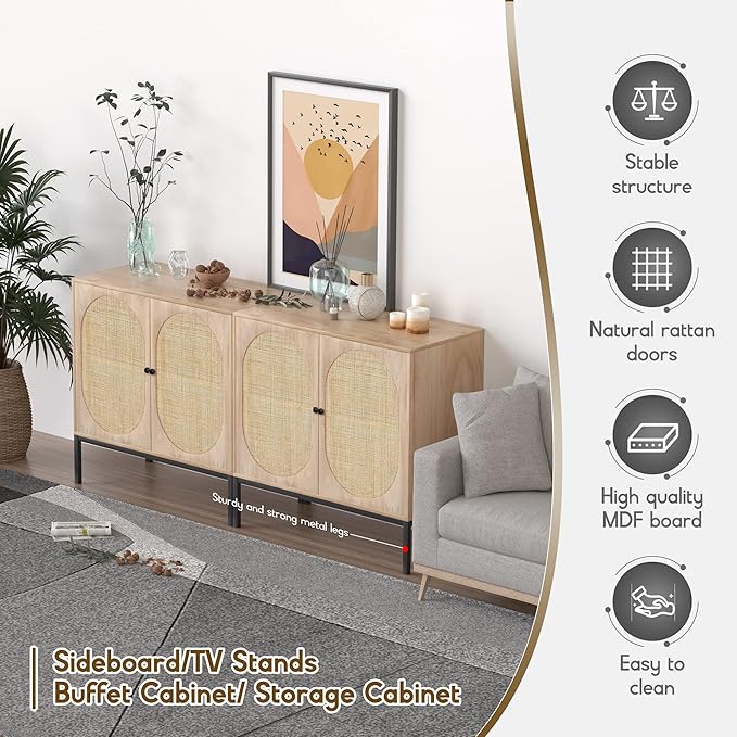 Sideboard Buffet Cabinet with 2 Natural Rattan Decorated Oval Doors, 31.5" W Accent Rattan Cabinet, Boho Credenza Storage Cabinet, for Living Room Dining Room Hallway, Metal Legs, Natural(2 PCS)