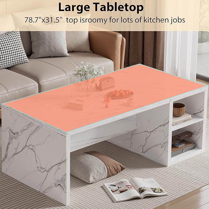 78.7" Large Imitation Marble Kitchen Island with Storage Space,Modern Dining Table with Mini Fridge Space for Kitchen, Dining Room, Home Bar, White