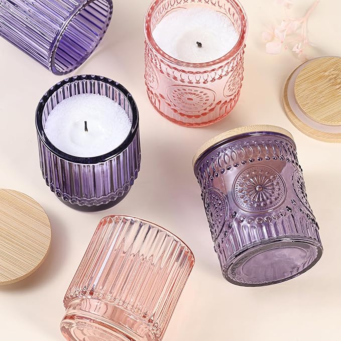 8 Pack Pink Assorted Glass Candle Jars for Making Candles-7 Oz, Empty Candle Containers, Candle Making Supplies, Candle Vessels with Bamboo Lids & Warning Labels, Centerpiece Table Decor