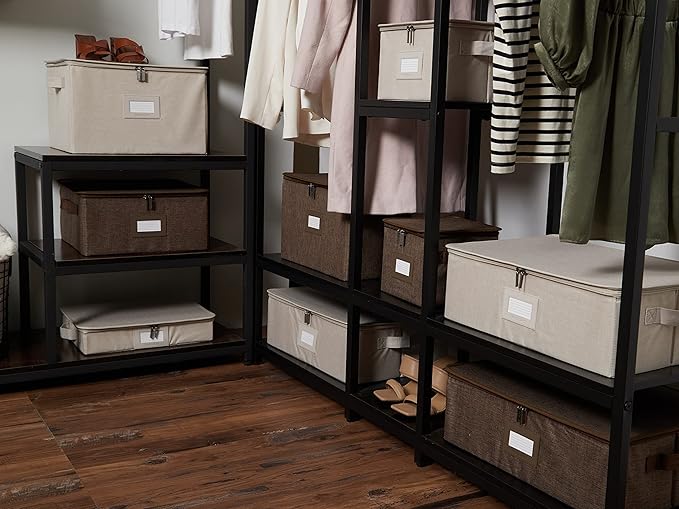 Covermates Keepsakes Zip-Top Storage Box Set, 3 Pack Heavy Duty Polyester Organizer Bins, Stackable Design, ID Window, Reinforced Handles, Closet Home Storage, Beige Heather