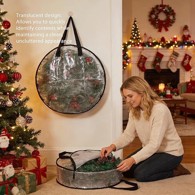 Hayoulabo 4 Pack Clear Christmas Wreath Storage Bags 24 Inch - Waterproof Wreath Container with Dual Zipper and Reinforced Handles for Artificial Wreath, Garland and Holiday Decor Organization