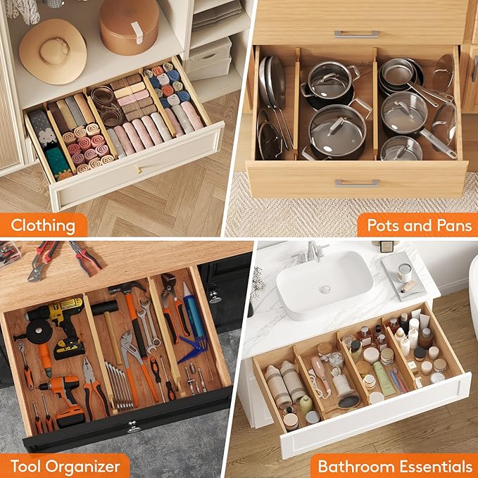 Lifewit 6" High 8 Pack Bamboo Drawer Dividers 45-55cm/17.5-22" Adjustable Wooden Drawer Organizer for Clothes/Utensils, Expandable Drawer Separator for Dresser/Kitchen/Bedroom/Office Organization