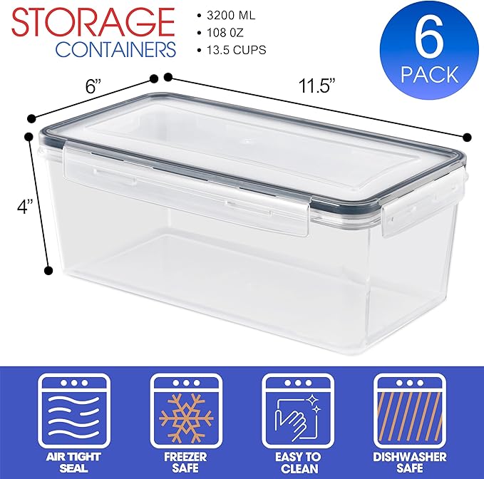 Sorbus Food Storage Containers - Pack of 6 - Air Tight, Four-Way Snap Lids Keeps Food Fresh - Store Cereal, Pasta, Flour, Nuts, Candy - Durable Plastic Kitchen Pantry Bins