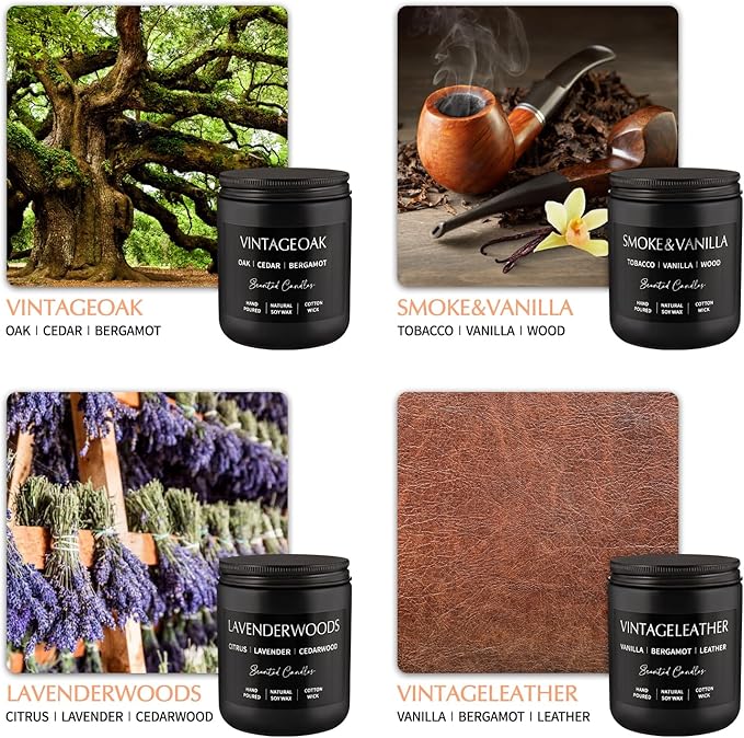 Scented Candles Gift Set - 4 Pack (7oz Each) Soy Wax Aromatherapy Candles with Essential Oils, Smokeless - Leather & Smoke, Vanilla Oakmoss, Lavender for Office, Gifts