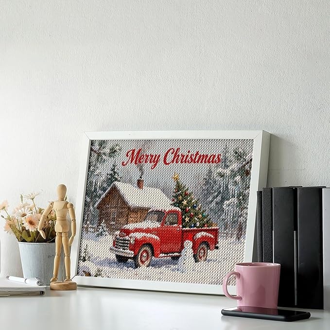 AIVKIEJK Diamond Painting Kits for Adults - Christmas Red Truck with Snowman, Snowy Cabin & Tree Painting DIY 5D Full Drill Diamond Dots Paintings with Diamonds Gem Art and Crafts Home Decor 12"x16"