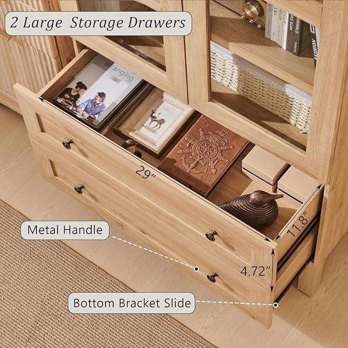 IFBUY 71" Tall Arched Bookshelf, 4-Tier Bookcase with Glass Doors and Shelves, Wooden Display Cabinet w/2 Large Storage Drawers, Modern Farmhouse Versatile Bookshelf for Living Room, Bedroom, Natrual
