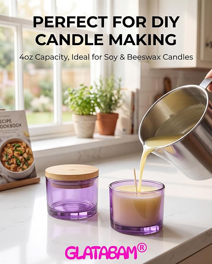 GLATABAM 4 OZ Candle Jars 12 Pack - Bulk Glass Candle Making Jars with Bamboo Lids & Labels, Heat Resistant Empty Reusable Candle Vessel for Containers(Purple)