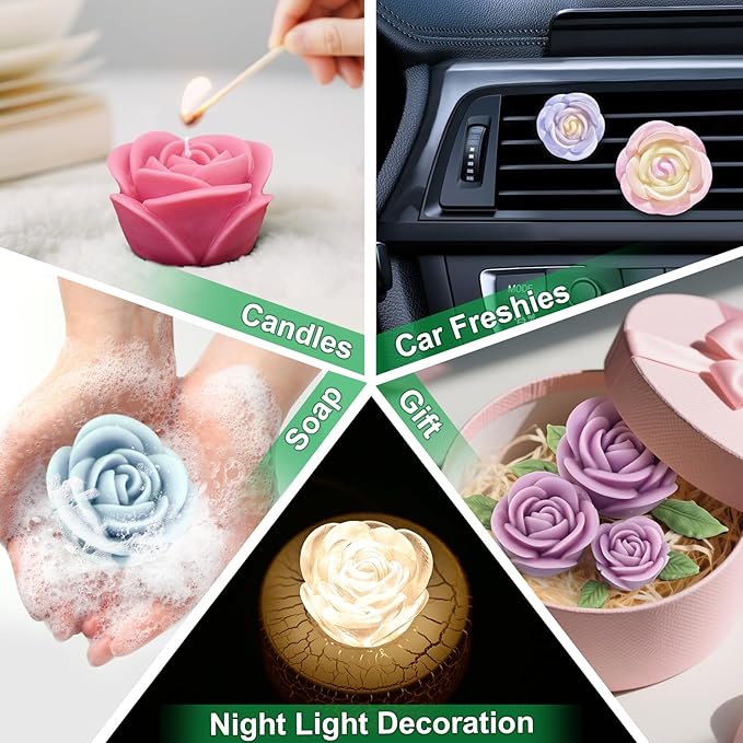 Rose Candle Molds, 4 Pcs Set of Large + Medium + Small 3D Rose Flower Silicone Molds with Leaf Mold for Candle Making, Epoxy Resin Casting, Handmade Soap Clay Plaster Home Décor Mom Gift