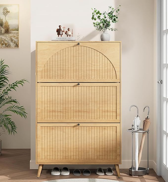 Fsbecl Shoe Storage Cabinet for Entryway with 3 Flip Drawers, Narrow Shoe Organizer with Fluted Panel, Freestanding Wood Hidden Shoe Cabinet for Hallway(Wood Color, 31.4''W, Double Layer)