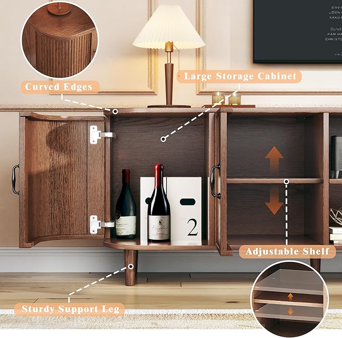 HUAHUU TV Stand for 75 inch TV, Mid Century Modern Entertainment Center for 55/60/65/75 inch TV, with Fluted Door Cabinets & Open Shelves, TV Consoles for Living Room, Walnut