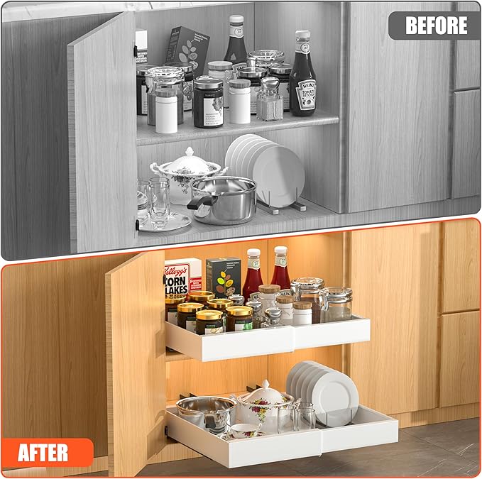 DEKAVA 2 Pack Pull Out Cabinet Organizer Expandable, Adhesive with Nano Film, Pull Out Drawers for Cabinets in Kitchen, Pantry or Bathroom (White, 21"DEEPX[12"-20'']Width-2PACK)