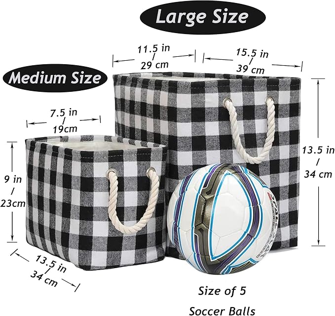 Large Rectangular Decorative Storage Bins Foldable Laundry Hamper Baskets Buffalo Grid Pattern with Rope Handles for Blankets, Toys, Nursery, White Black Grid, L