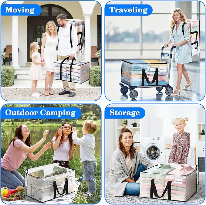 BlissTotes 4-Pack Large Moving Bags with Backpack Straps & Strong Zippers, Heavy-Duty Storage Bags Moving Boxes for Space Saving, Dorms, Transport, 76L-20 Gallons, Clear