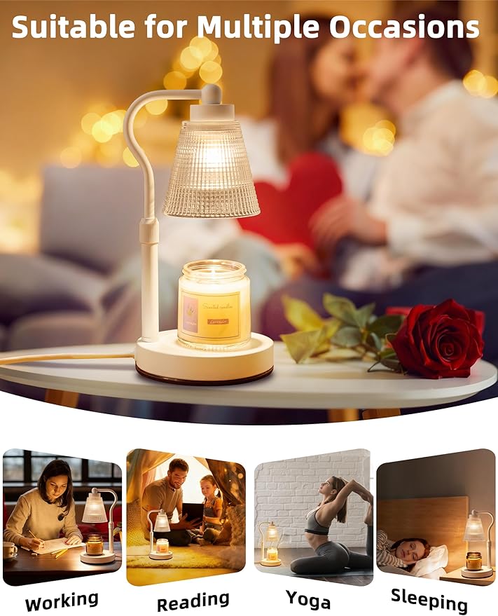 Candle Warmer Lamp for Jar Candles, Height Adjustable & Dimmable with 2/4/8H Timer, 2*50W Halogen Wax Melter Warmer for Home Office Décor, Flameless & Smokeless, Gift for Women Mom,White-Clear/1 Pack