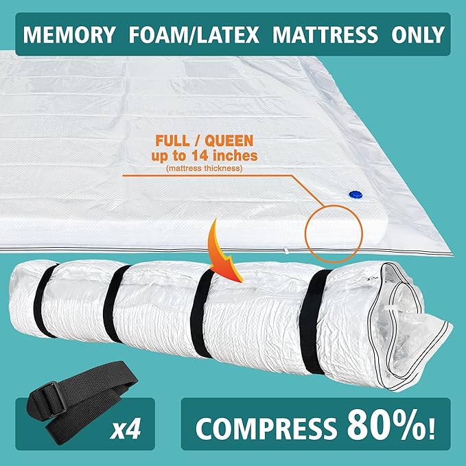 Queen/Full Mattress Vacuum Bag for Moving and Storage, Memory Foam Latex Mattress Storage Bags Full Queen Size for Mattress up to 14 Inches