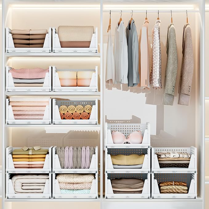 Mavivegue 4 Pack Stackable Closet Storage, Plastic Drawer Basket,Closet Organizers Storage Box for Cupboard,Bedroom, Kitchen, Bathroom, Office White