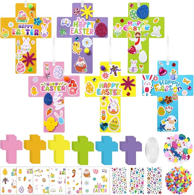 Funrous 48 Sets Easter Religious Crafts Bulk Cross Paper Crafts DIY Easter Eggs Bunny Jesus Christian Hanging Ornaments Arts with Stickers Pompoms for Sunday School VBS Classroom Spring Activities