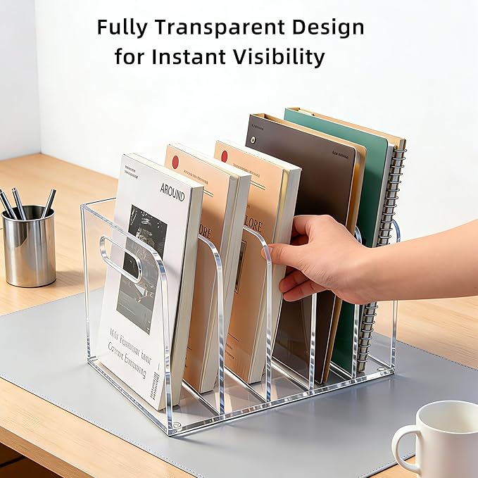 Acrylic Magazine File Holder, 5 Vertical Compartments Desk Document Sorter Organizer, Clear Folder Rack Binder for Office/Documents/Classroom, for Home, Tablet, Magazines, Books & Accessories