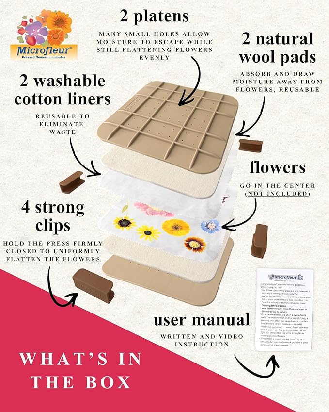 Microfleur Flower Preservation Press Kit, Portable Quick & Easy for Pressed Flowers, Craft Flower Press Kit, Pressing Dry Bouquet & Leaf, Washable Cloth for Lasting Color Fits Most Microwave, 9" 23 cm
