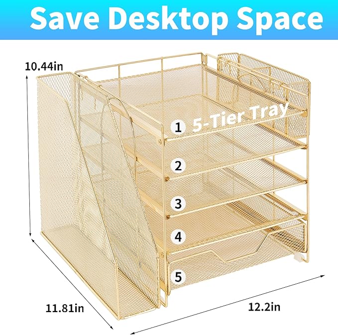 Desk Organizer, 5-Tier Paper Letter Tray Organizer with File Holder, Drawer and Pen Holder, Desktop Organizer for Office Supplies, Gold