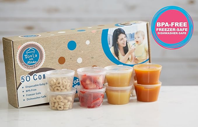 50 Pack BPA-Free Disposable Baby Food Freezer Storage Containers Hinged Lids (3 oz) Labels | Leak-Proof | Travel Snack Cups | Store Homemade, Organic Purees | Freezer Dishwasher Safe