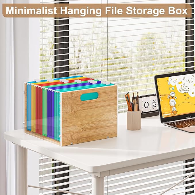 Sbanmao Clear Acrylic File Box Organizer, Bamboo Hanging Folder Storage Boxes, Filing Crate Bin Holder with Handle for Home Office Desk, Letter Size