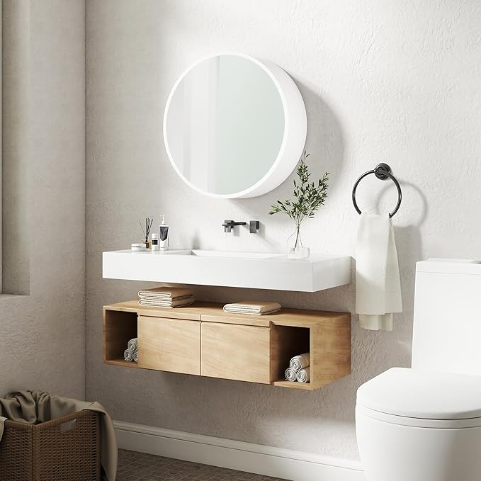 SUNWAVE 20 Inch Round Black Medicine Cabinet with Mirror, Modern Wall Mounted Vanity Cabinet for Bathroom, Circle Bathroom Mirror with Storage, Space-Saving Wood Cabinet (White, 20 Inch)
