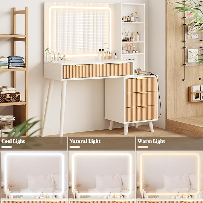 Vanity Desk with Mirror and Lights, Makeup Vanity Desk with Power Outlet, Makeup Desk with 5 Drawers Storage Shelves, Vanity Table 3 Color Modes Adjustable Brightness Dressing Table Set for Bedroom