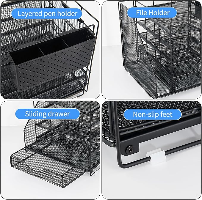 Desk Organizer with Drawer and Pen Holder, 5-Tier Paper Letter Tray Organizer with File Holder, Suitable for Workspace Organizer Office Supplies Storage (Black)