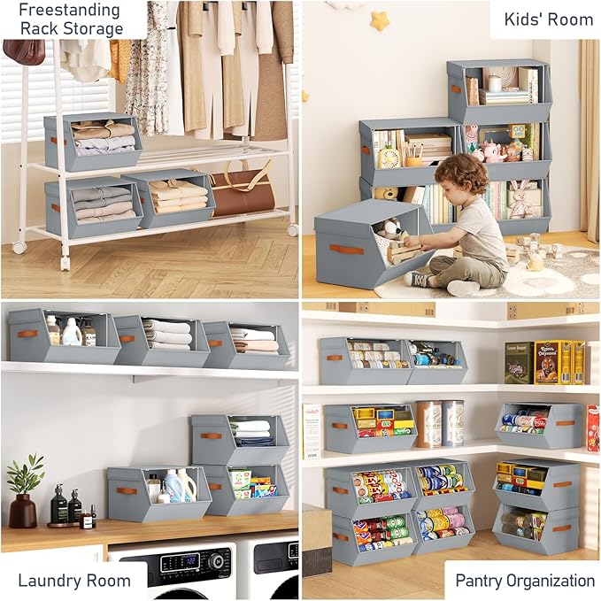 Stackable Closet Organizers and Storage Bins, Open Front Closet Shelf Organizer System With Steel Frame, Clothes Storage Basket Fabric, Collapsible Closet Drawers for Wardrobe, Nursery ,Toy, 6 Pack