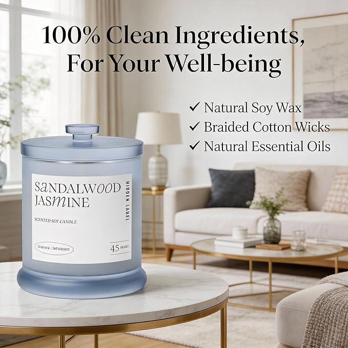 Sandalwood Jasmine Scented Candle, 13oz Natura Soy Wax Non Toxic, 2 Wicks Large Candles for Home Scented, 75Hs Long Lasting Clean Burn | Aromatherapy Candle for Home Decor, Stress Relief & Relaxation