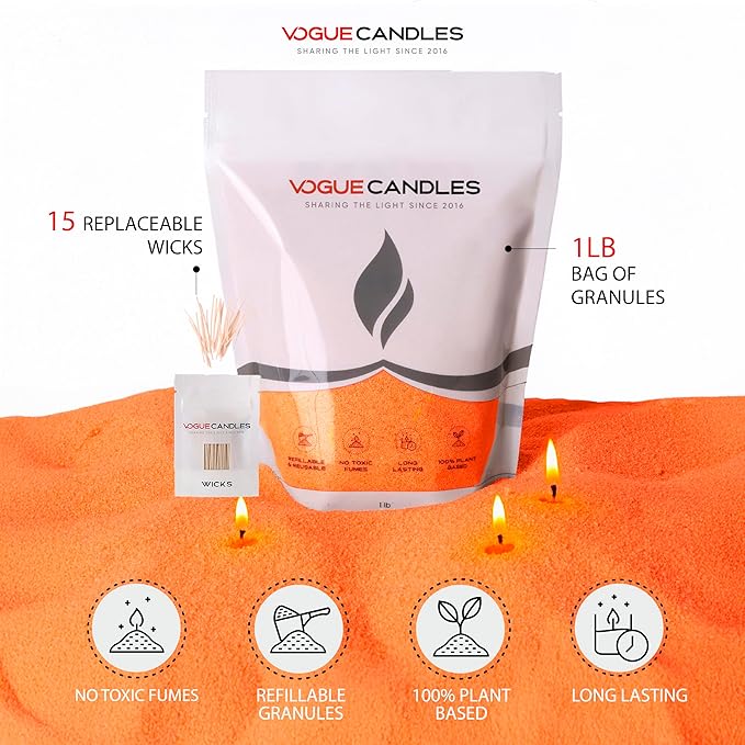 Vogue Candles Orange Pearled Candle Sand Wax (1 LB) – Mother’s Day Candle Kit with 15 Cotton Wicks for DIY Home Lighting – Plant-Based & Reusable Wax Granules Refill for Clean Burning & Custom Vessels