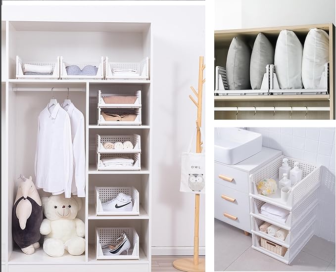 3 Pack Stackable Closet Organizer, Folding Closet Container, Plastic Storage Basket White Pull Out Shelves