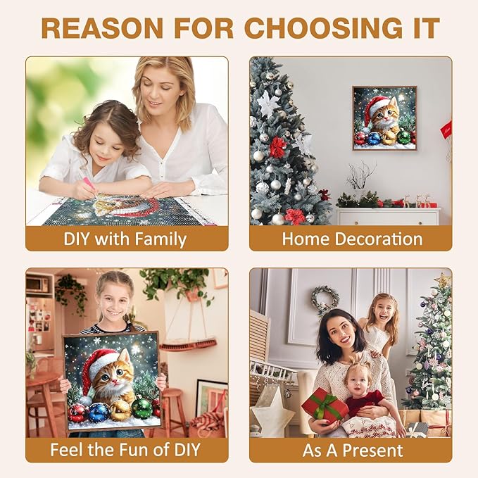 MEIYUDA Christmas Cat Diamond Painting Kits for Adults, 5D Cute Cat Diamond Art Kits for Beginners, DIY Gem Art Crystal Painting for Home Wall Decor and Present 12x12inch