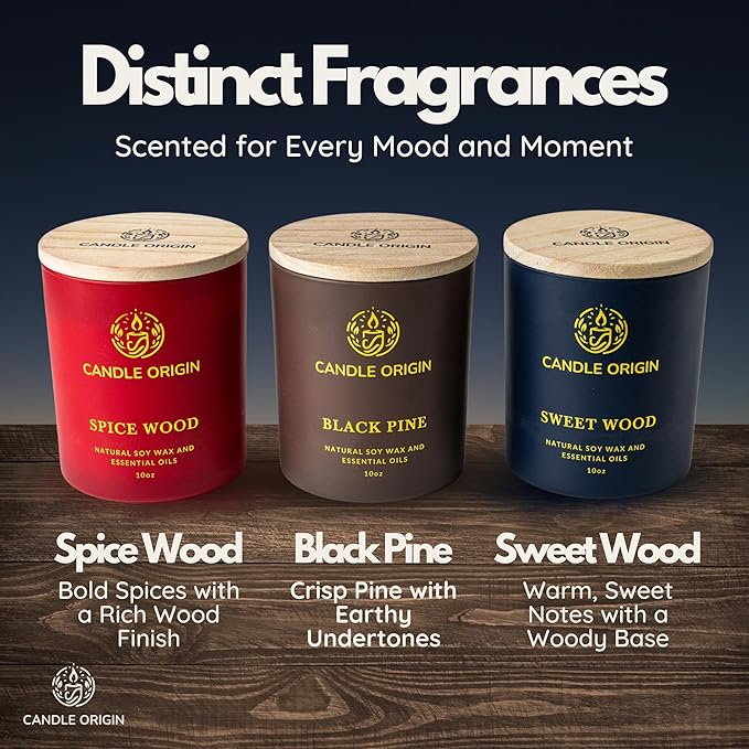 3×10 oz Scented Candles Premium Gift Set for Men - Aromatherapy Candles for Him - Natural Soy Wax - Clean Burning - Masculine Decor for Home, Office, Man Cave