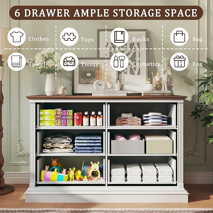 HUAHUU Farmhouse 6 Drawer Dresser for Bedroom, 47" Wide Chest of Drawers with Roman Column, White Wood Dresser with Antique Bronze Circle Handles, Storage Organizer for Living Room, Hallway, Entryway